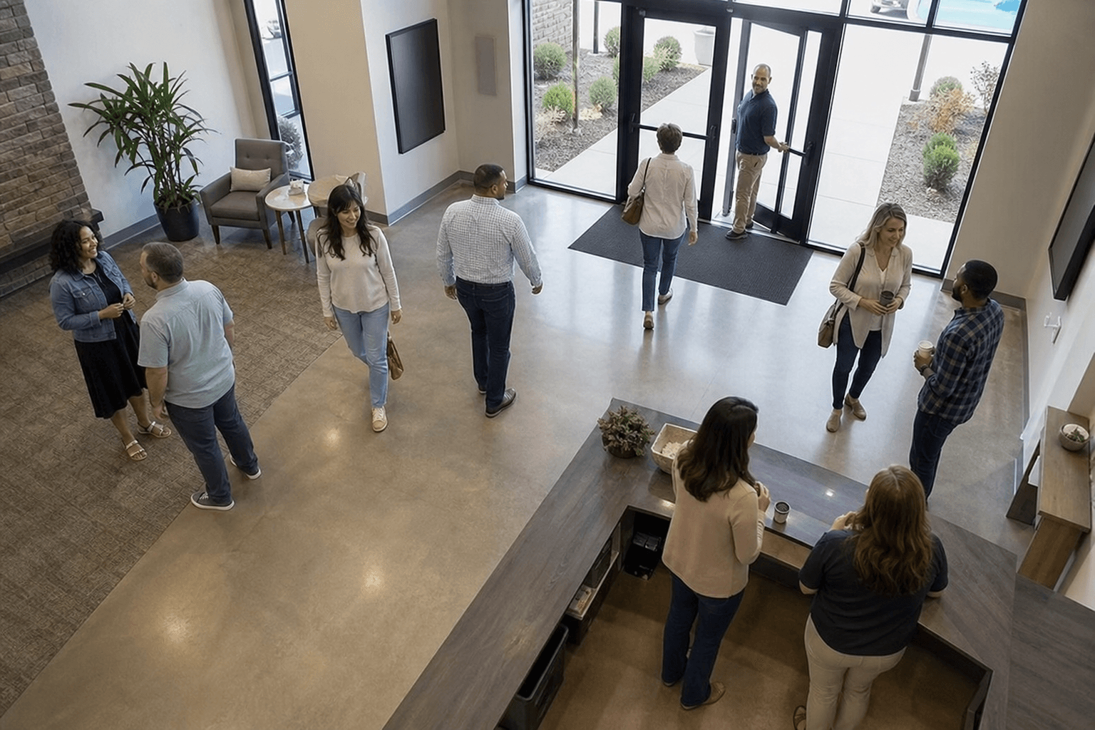 Synthetic demo still of a fictional church lobby